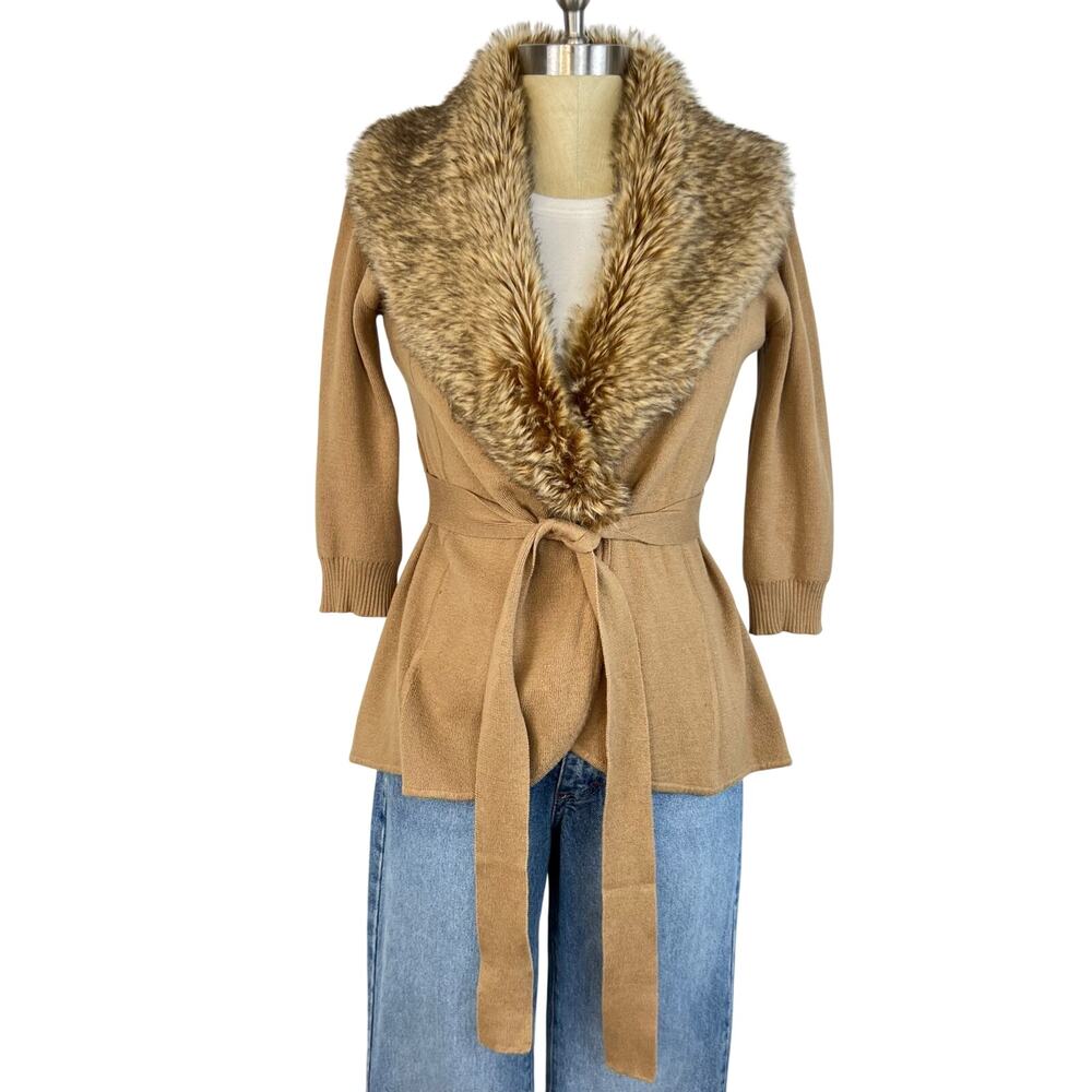 Vintage The Limited Faux Fur Collared Tie Waist 3/4th Sleeve Tan Sweater (Sz M)